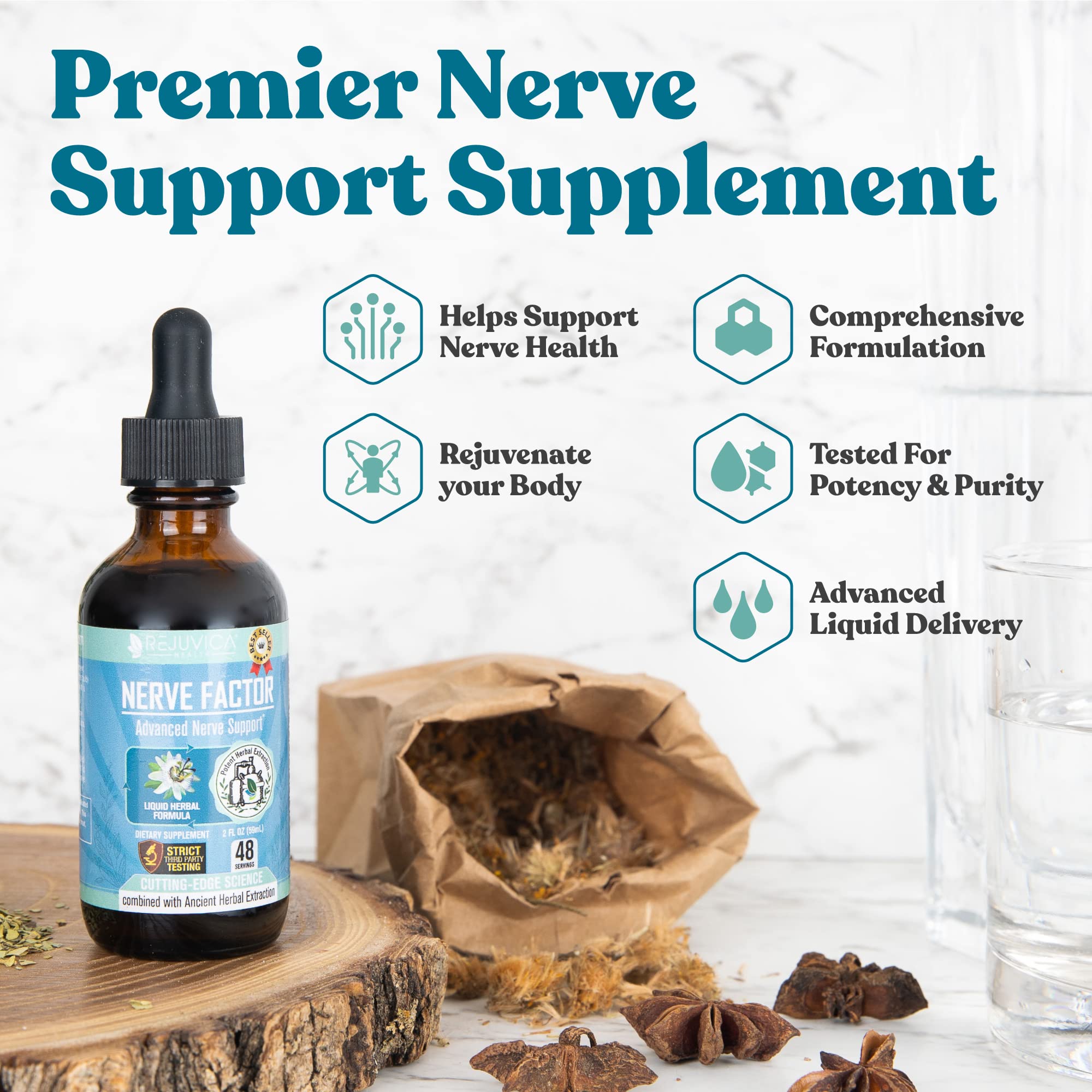 Rejuvica Health NerveFactor label front showing ingredients and alcohol-free formula