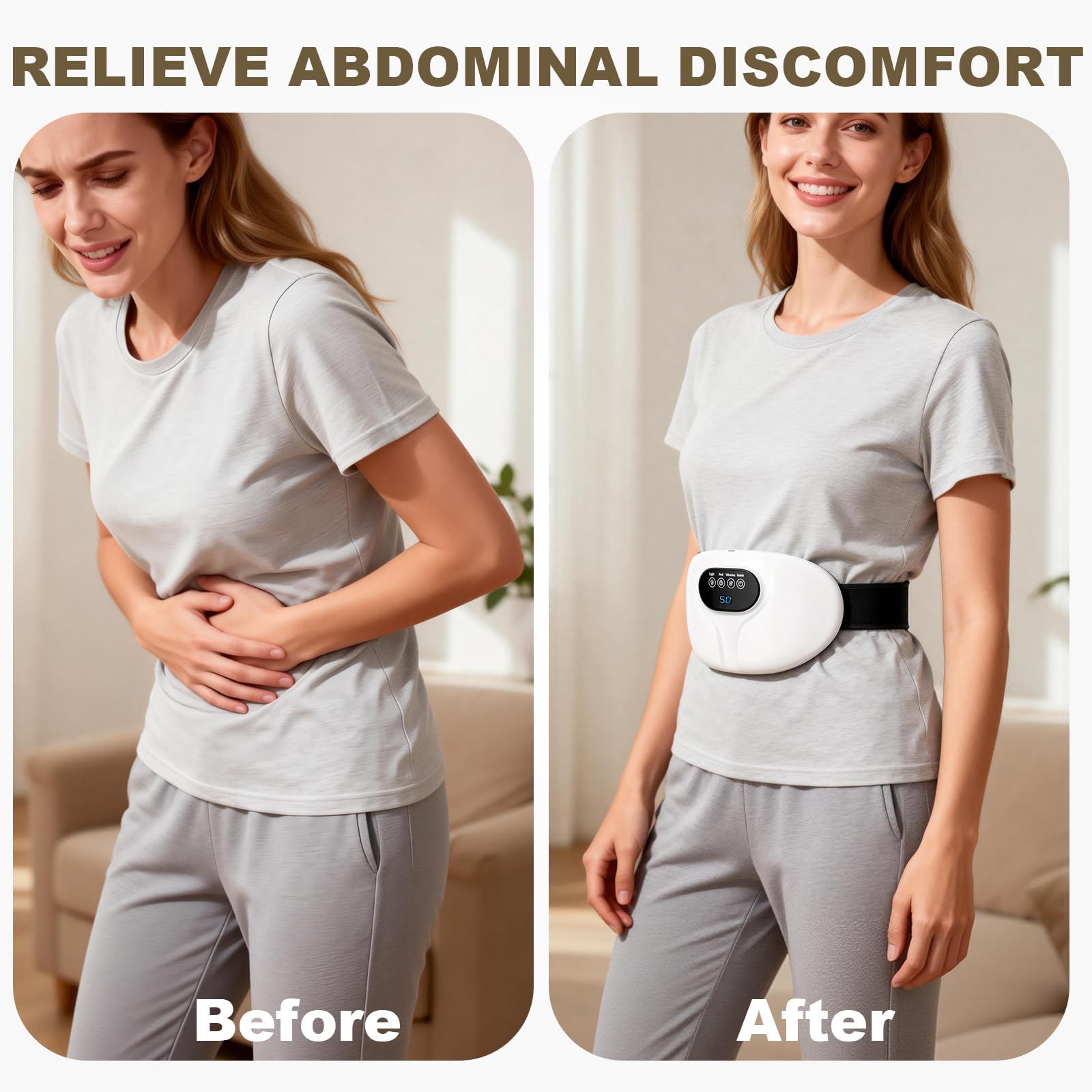 Relassy cordless belly massager powered by a 2500 mAh battery for travel use.