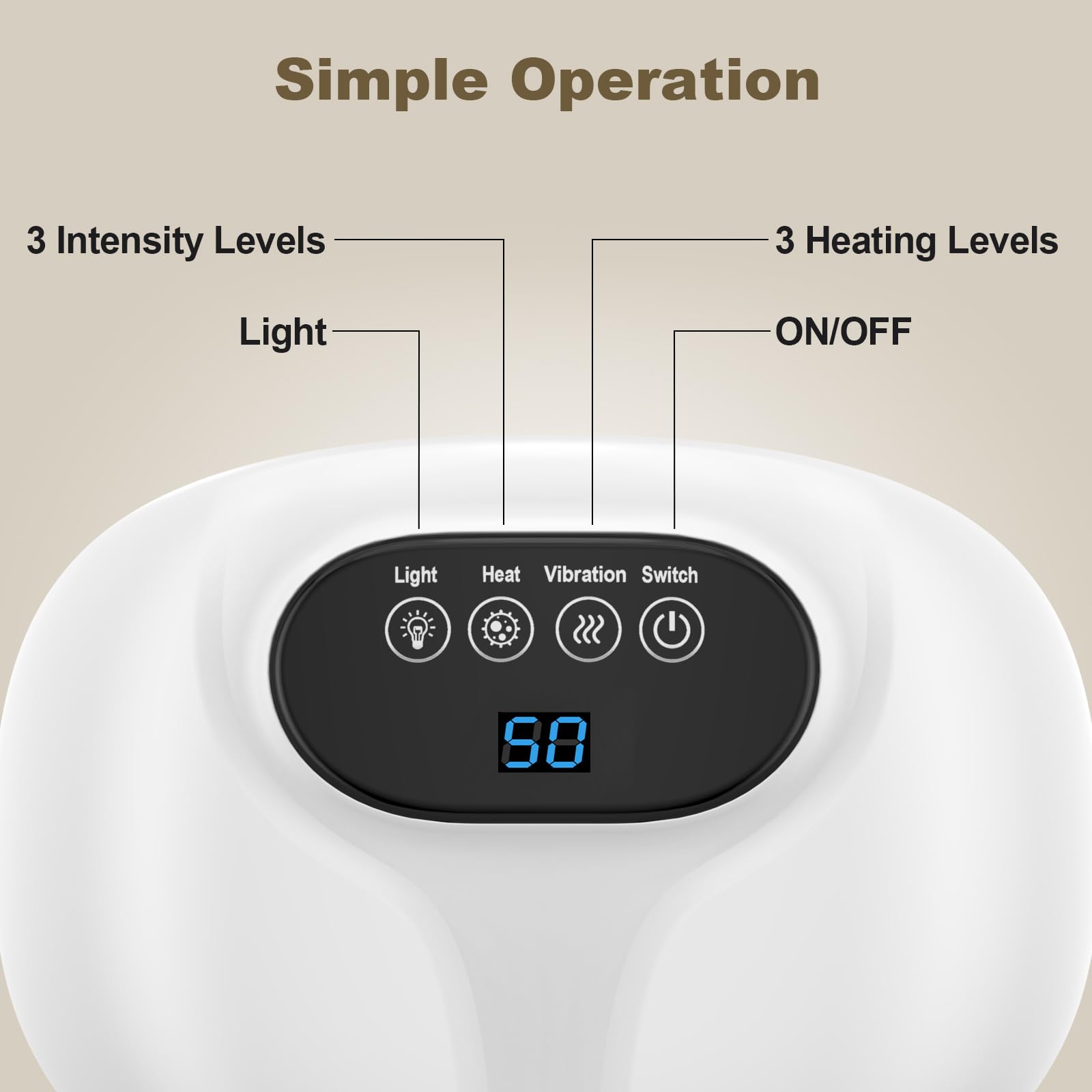 Relassy 3-in-1 design combining heat, vibration, and red light for holistic care.