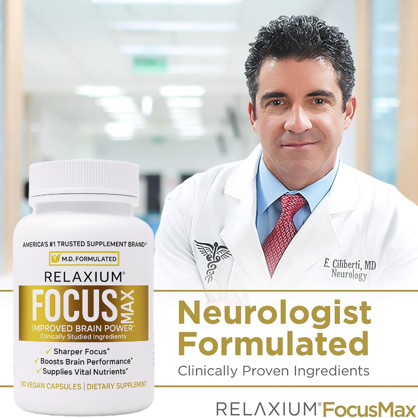 Relaxium FocusMax ingredients panel emphasizes scientifically selected components for cognitive wellness.