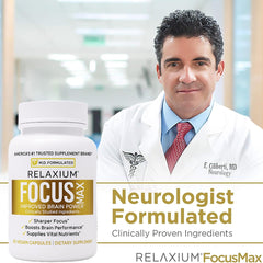 Relaxium FocusMax ingredients panel emphasizes scientifically selected components for cognitive wellness.