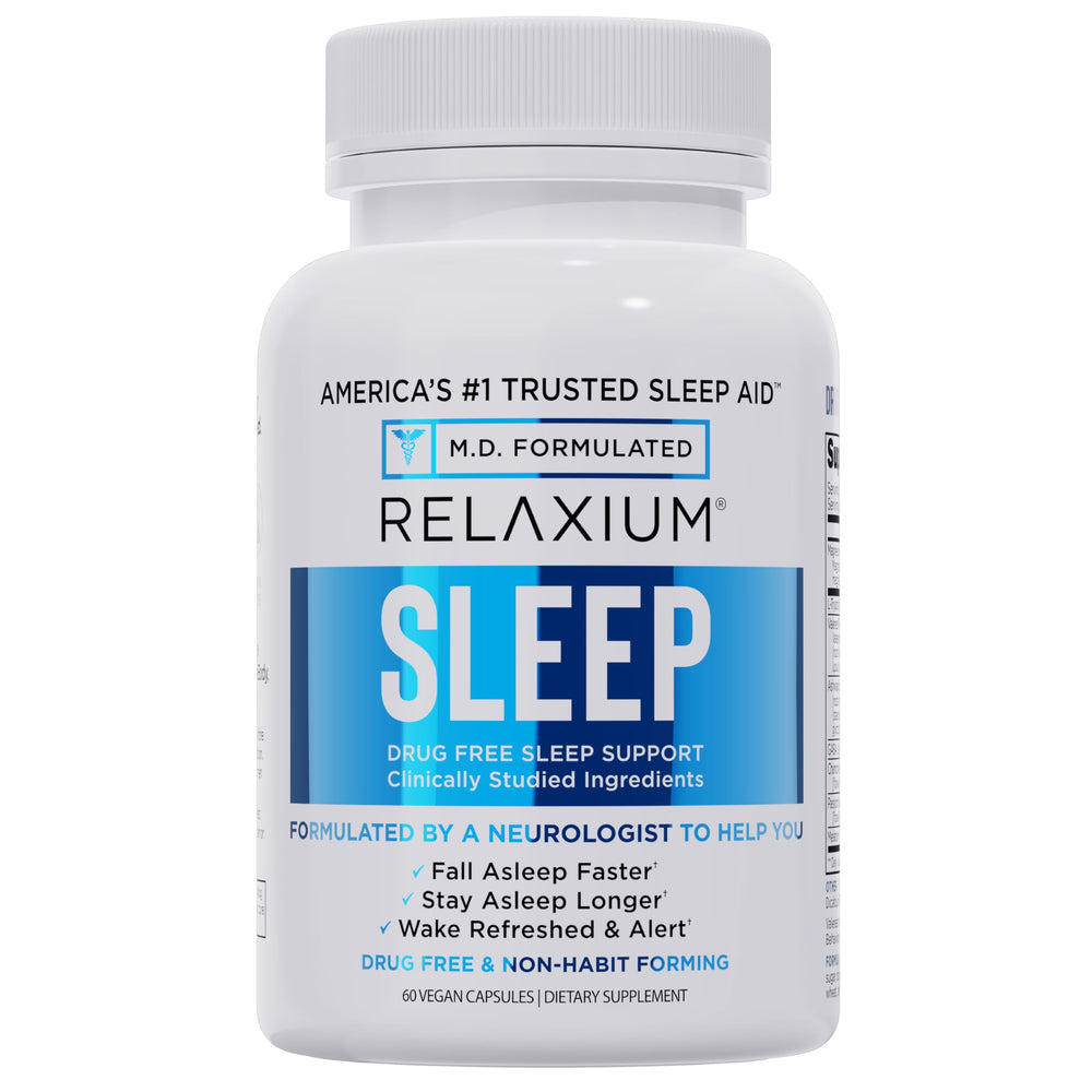 Relaxium Sleep Aid bottle front showing packaging for easier sleep onset.