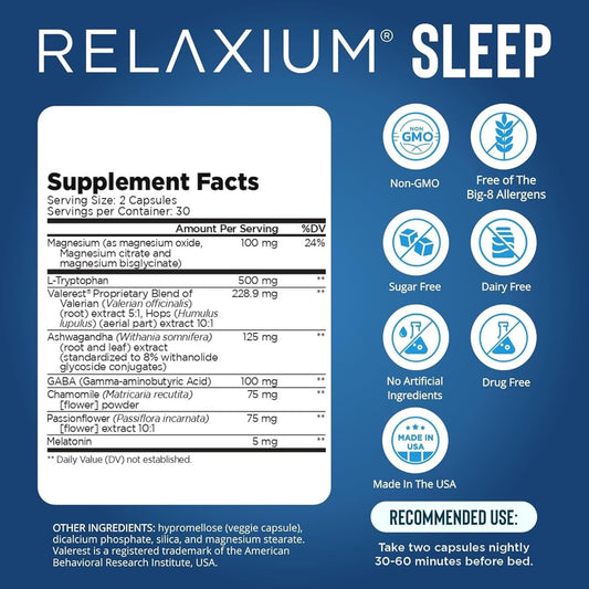 Relaxium Sleep Aid capsules close-up highlight melatonin and magnesium glycinate.