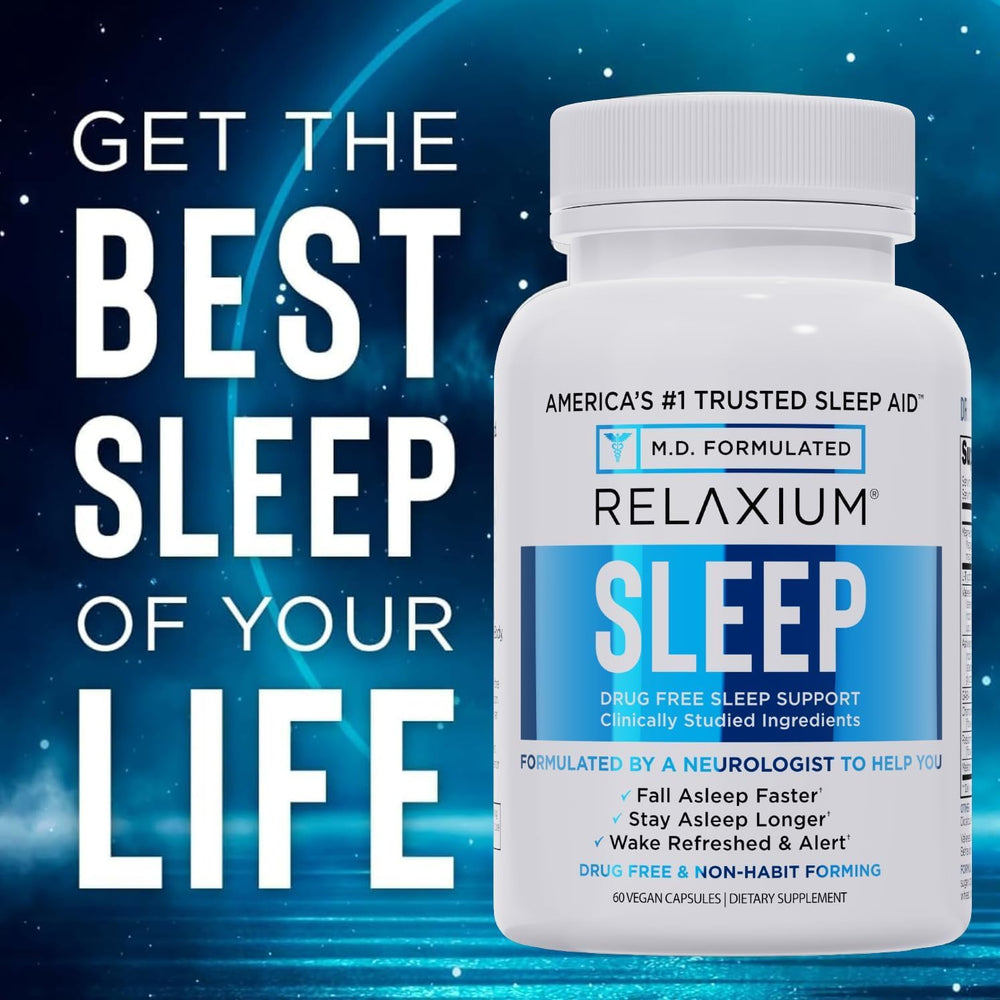 Relaxium Sleep Aid capsules with chamomile imagery on label.