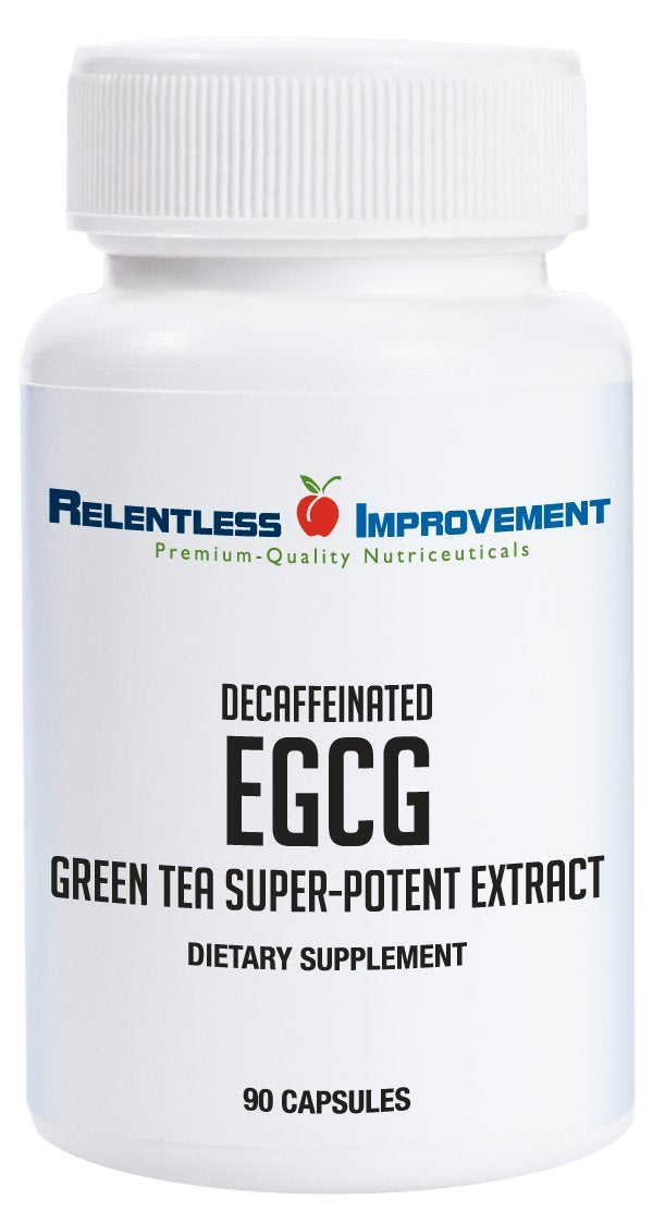 Relentless Improvement EGCG green tea extract bottle front highlighting high potency formulation for daily wellness.