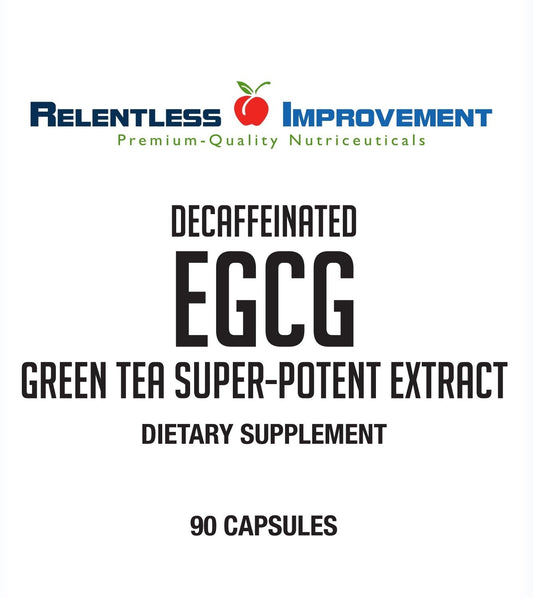 Relentless Improvement EGCG capsules closeup showing 670 mg per capsule for potent daily support.