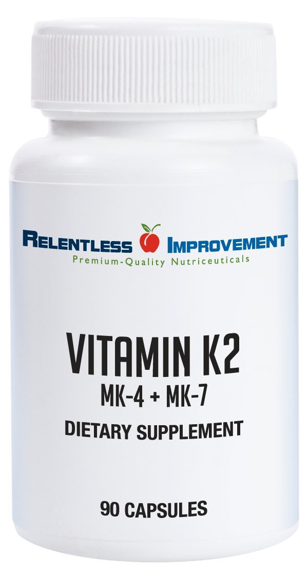 Relentless Improvement bottle showing high-potency K2 MK4 and MK7 for potential bone support.