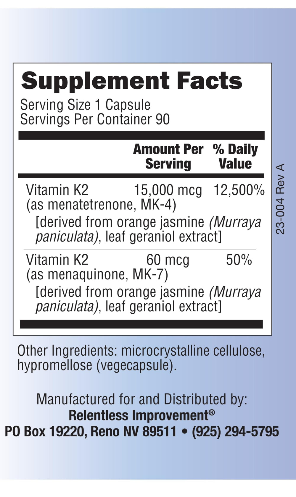 Relentless Improvement label and dosage info emphasizing purity and transparency.