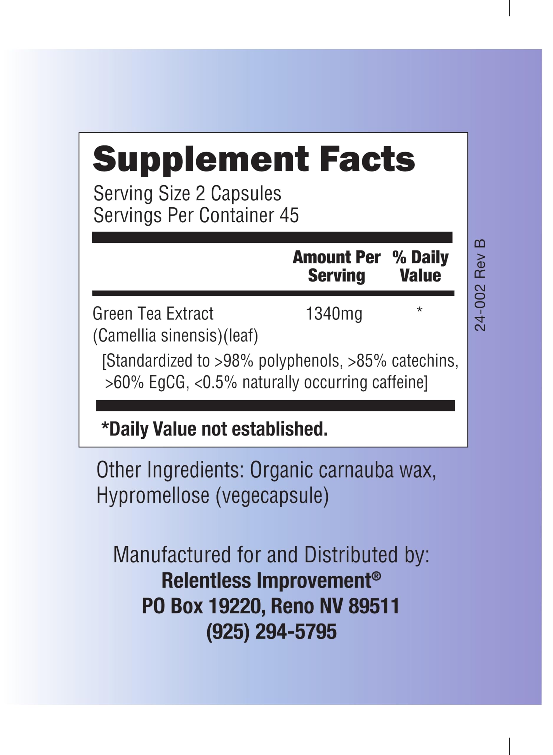 Relentless Improvement low caffeine icon signals easy digestion and daily use.