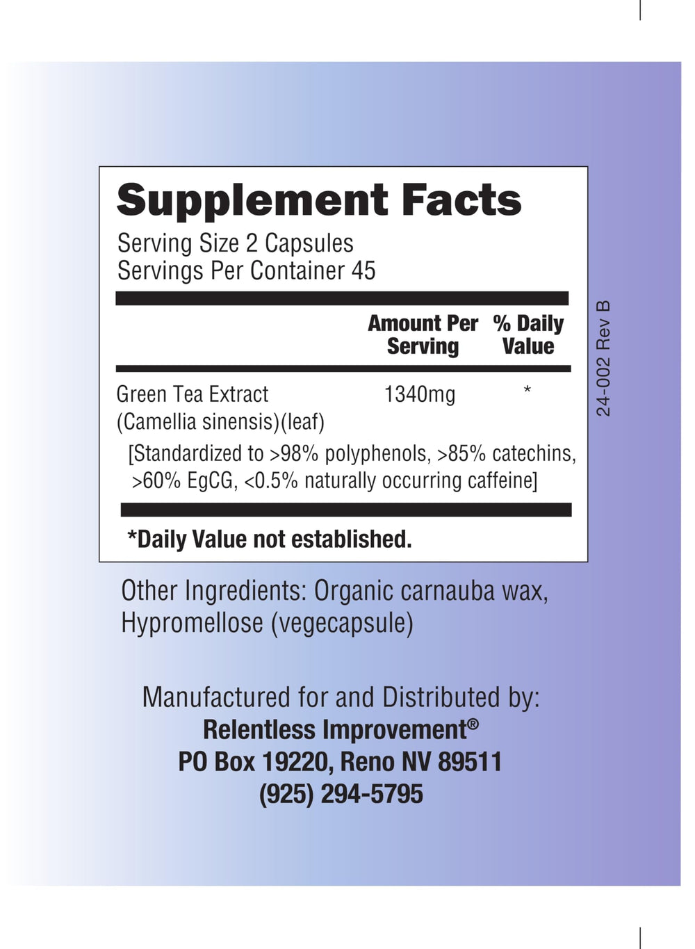 Relentless Improvement low caffeine icon signals easy digestion and daily use.
