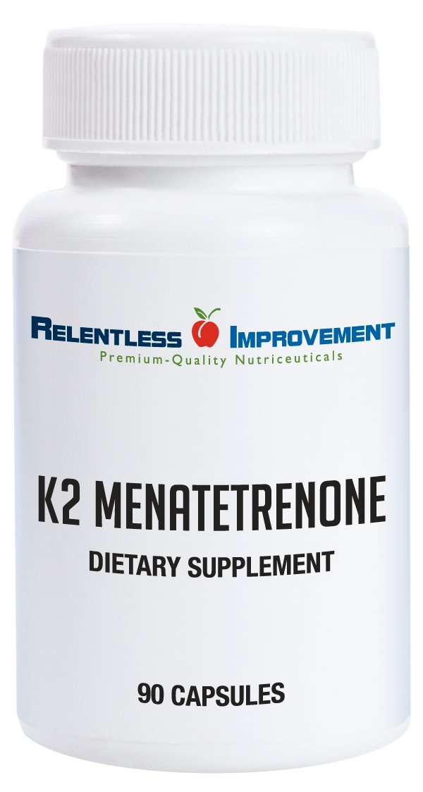 Relentless Improvement Vitamin K2 MK4 bottle with high-potency capsules for bone support.