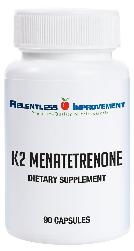 Relentless Improvement Vitamin K2 MK4 bottle with high-potency capsules for bone support.
