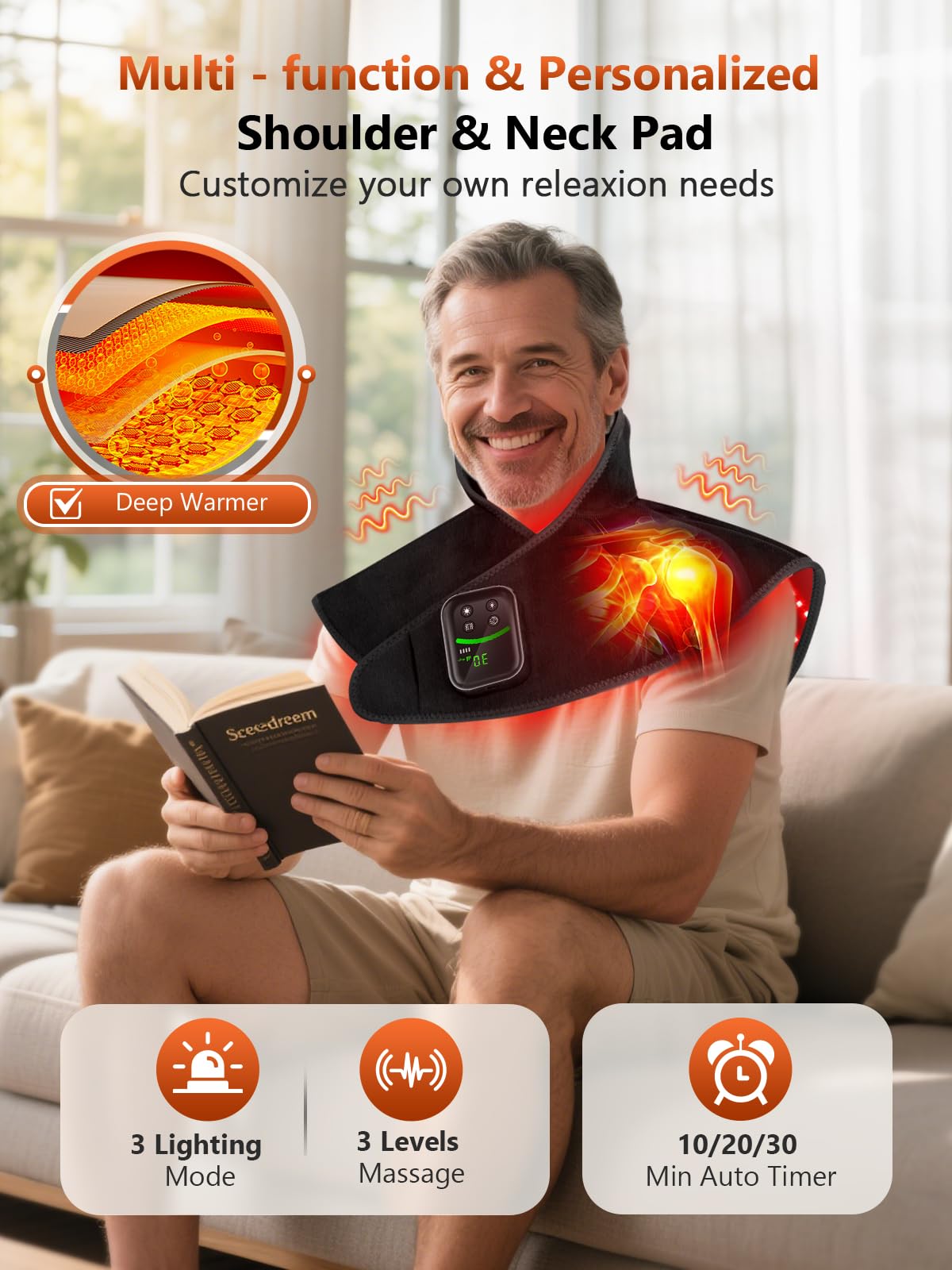 RELEXNOW cordless heating pad shown for portable on-the-go relief.