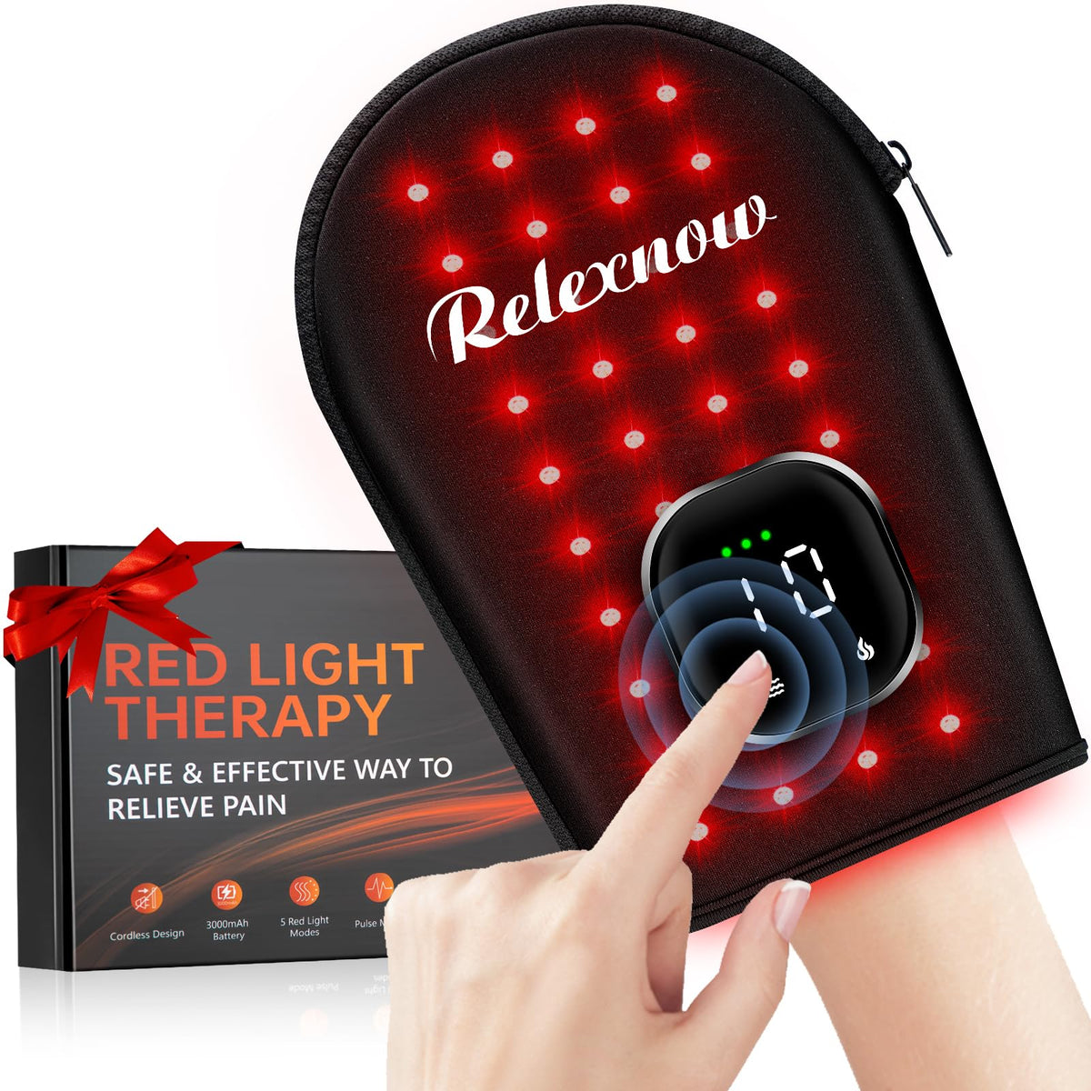 RELEXNOW cordless red light glove front view for full-hand pain relief