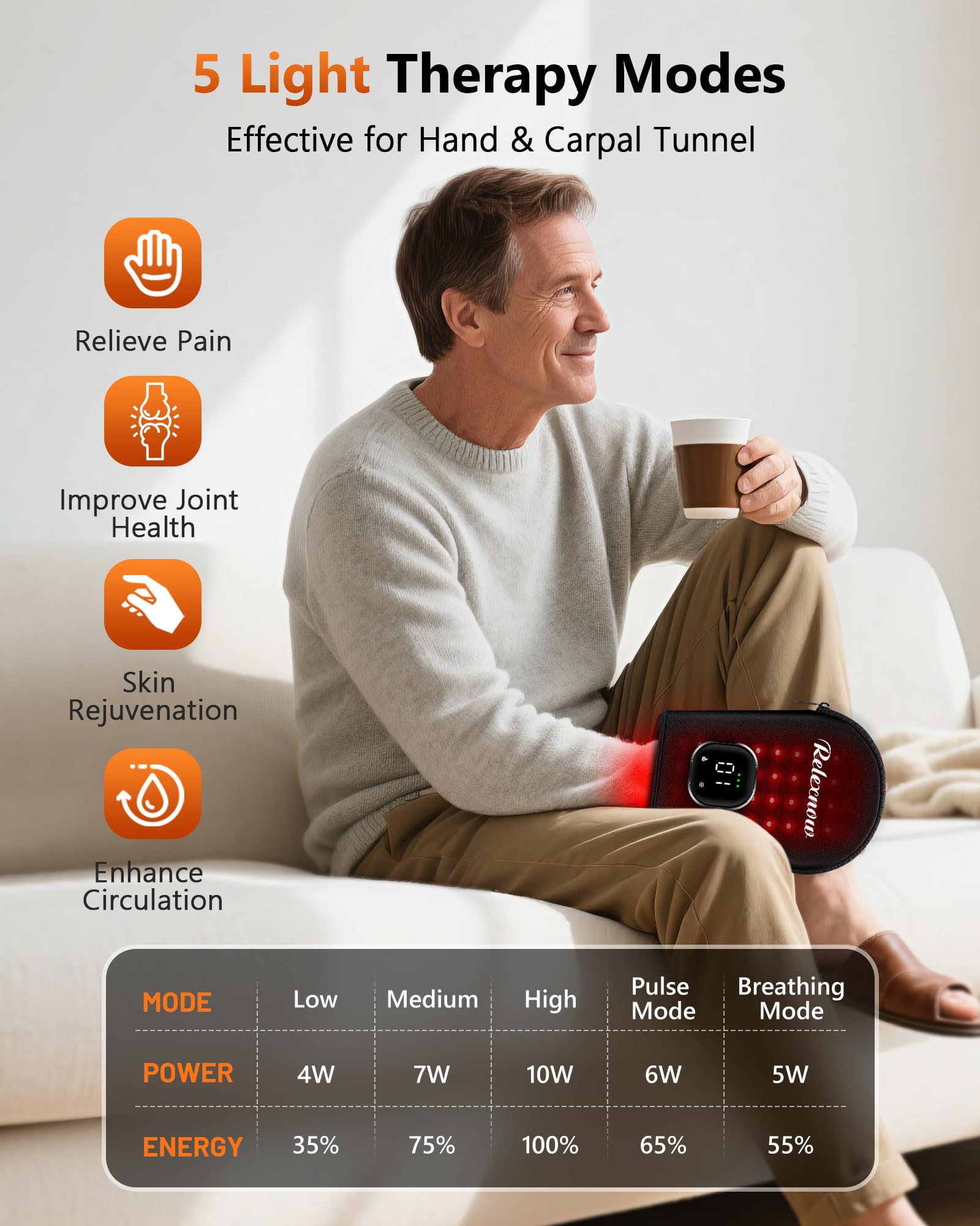 RELEXNOW cordless red light glove side view highlights palm and finger reach for targeted therapy