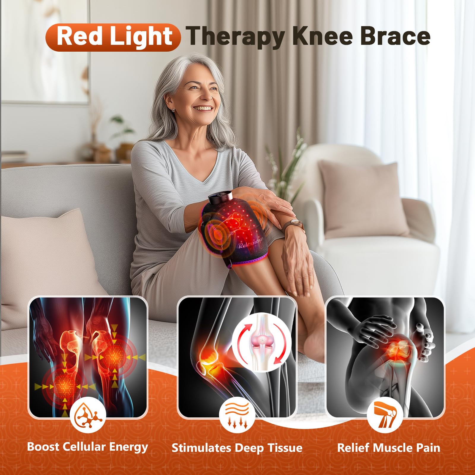 RELEXNOW knee massager in use on leg during activity.