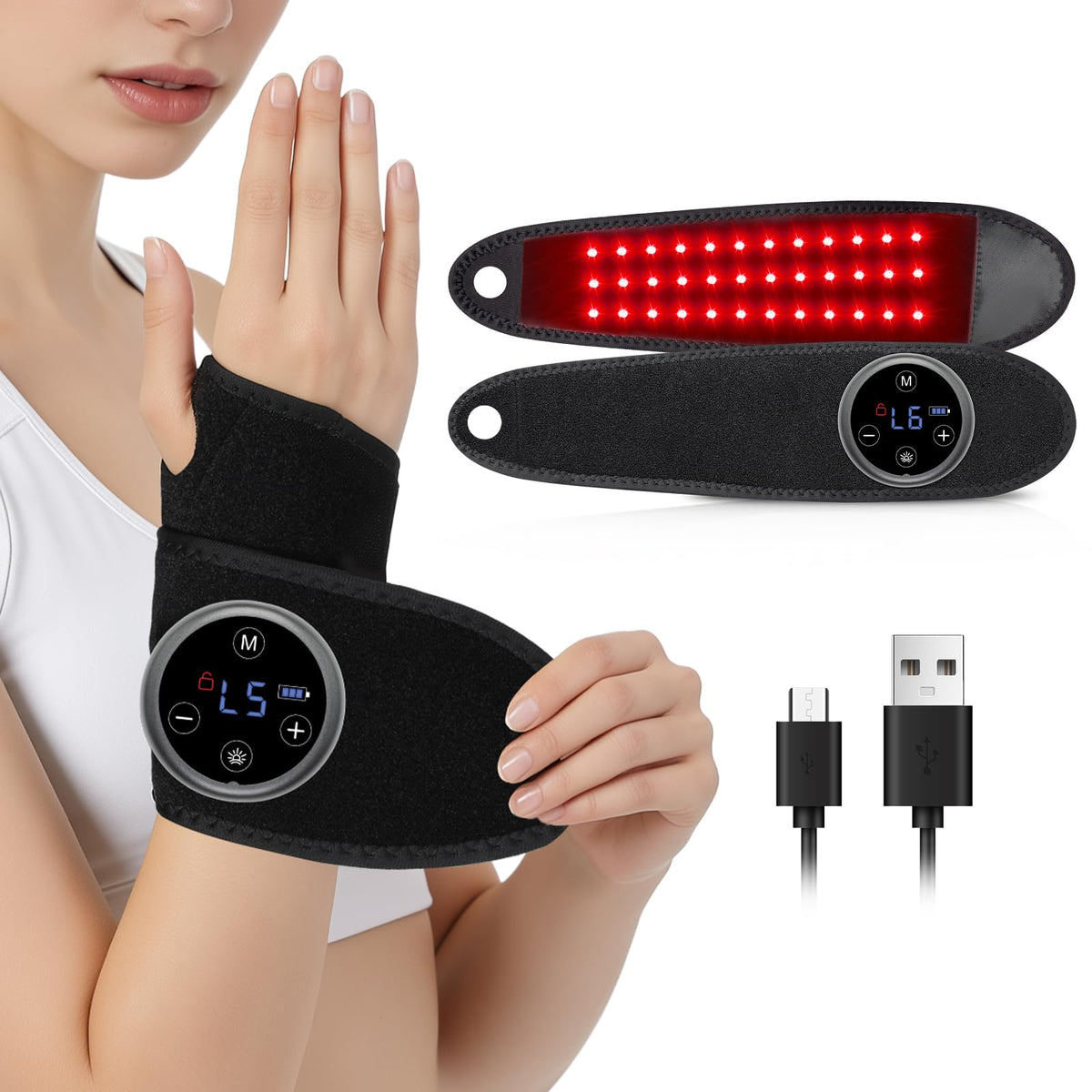 RELEXNOW upgraded 2.0 wrist wrap front view showing therapy LEDs for comfort