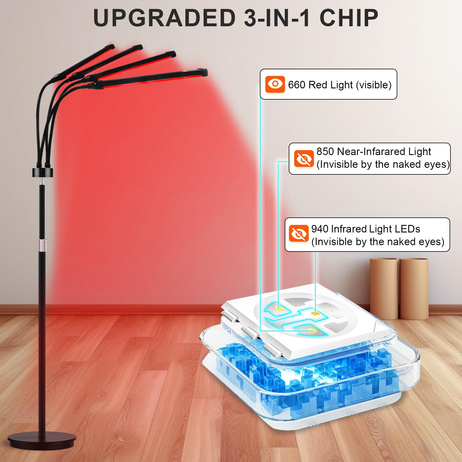 Relhafethy red light lamp with 180 LEDs providing balanced illumination for any room.