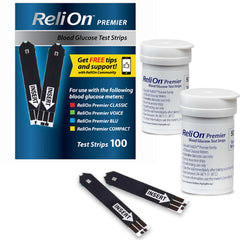 ReliOn Premier blood glucose test strips for precise readings with 100-count box.