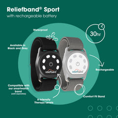 Reliefband Sport conductivity gel tube included for comfortable skin contact.