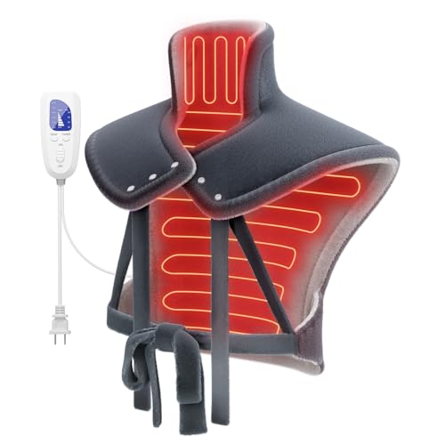 ReliefRX snug-fit heating pad on neck and shoulders delivers targeted warmth for tired muscles.