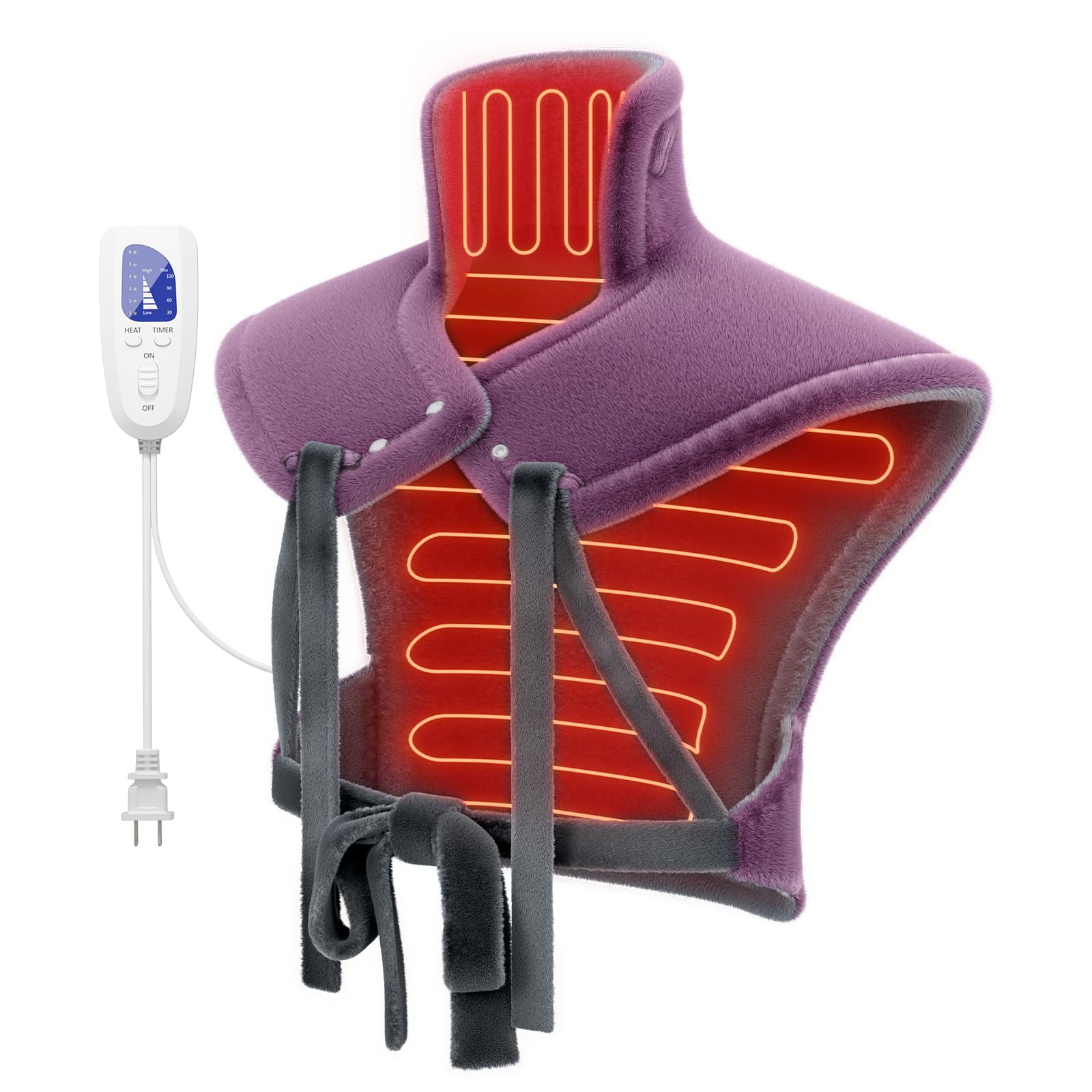 ReliefRX snug-fit heating pad on neck and shoulders for targeted warmth and comfort.