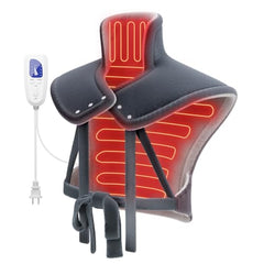ReliefRX snug-fit heating pad on neck and shoulders delivers targeted warmth for tired muscles.