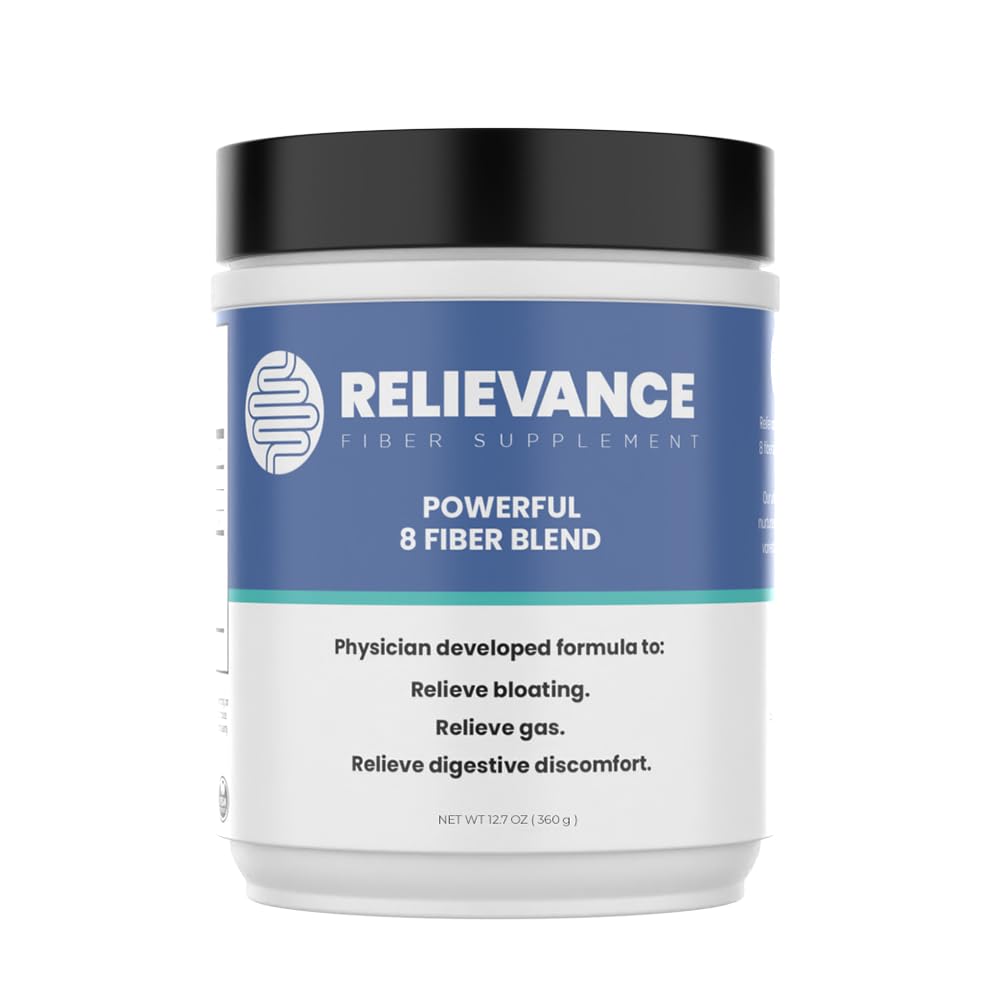 Relievance fiber supplement tub front shows clean label for plant-based lifestyle