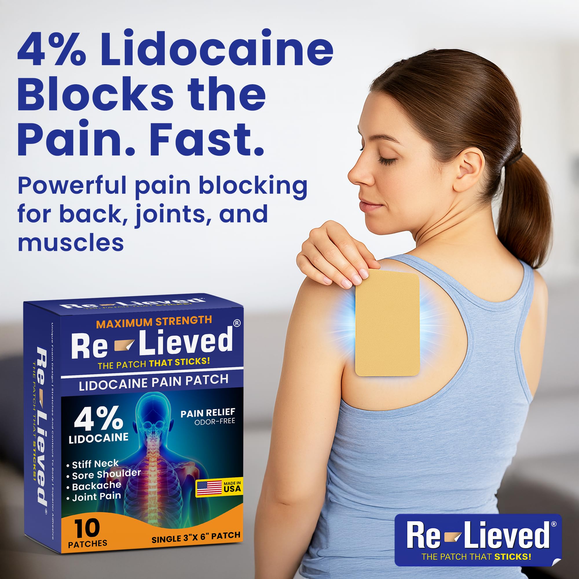 Relieved patch on shoulder eases muscle tension during workouts.