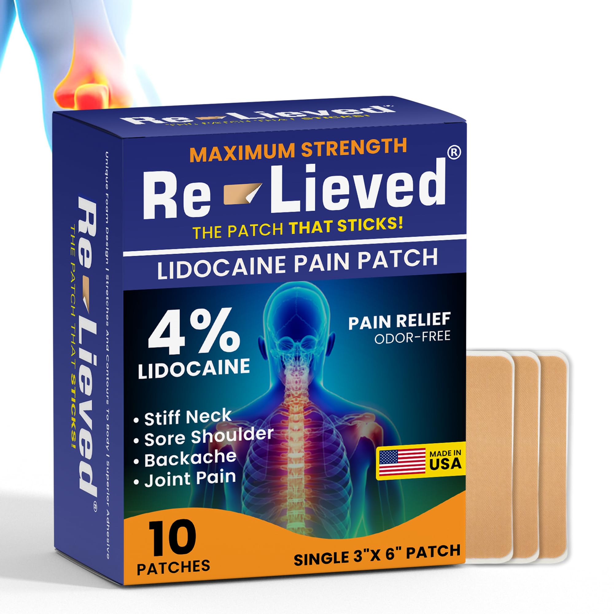 Relieved 4% lidocaine patch packaging shows USA-made design.