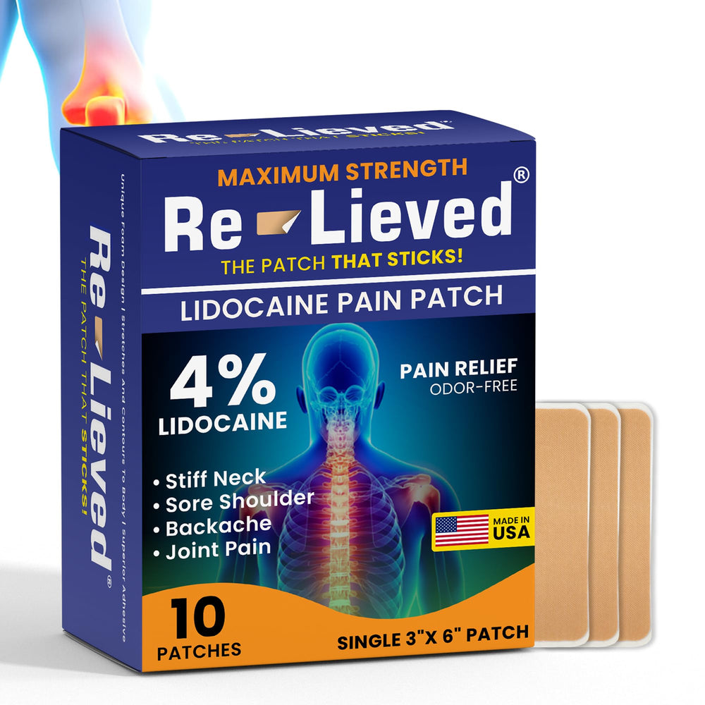 Relieved 4% lidocaine patch packaging shows USA-made design.