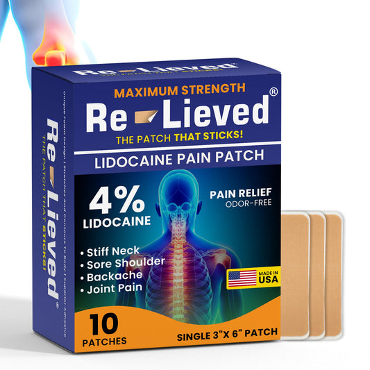 Relieved 4% lidocaine patch packaging shows USA-made design.
