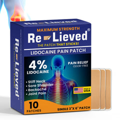 Relieved 4% lidocaine patch packaging shows USA-made design.