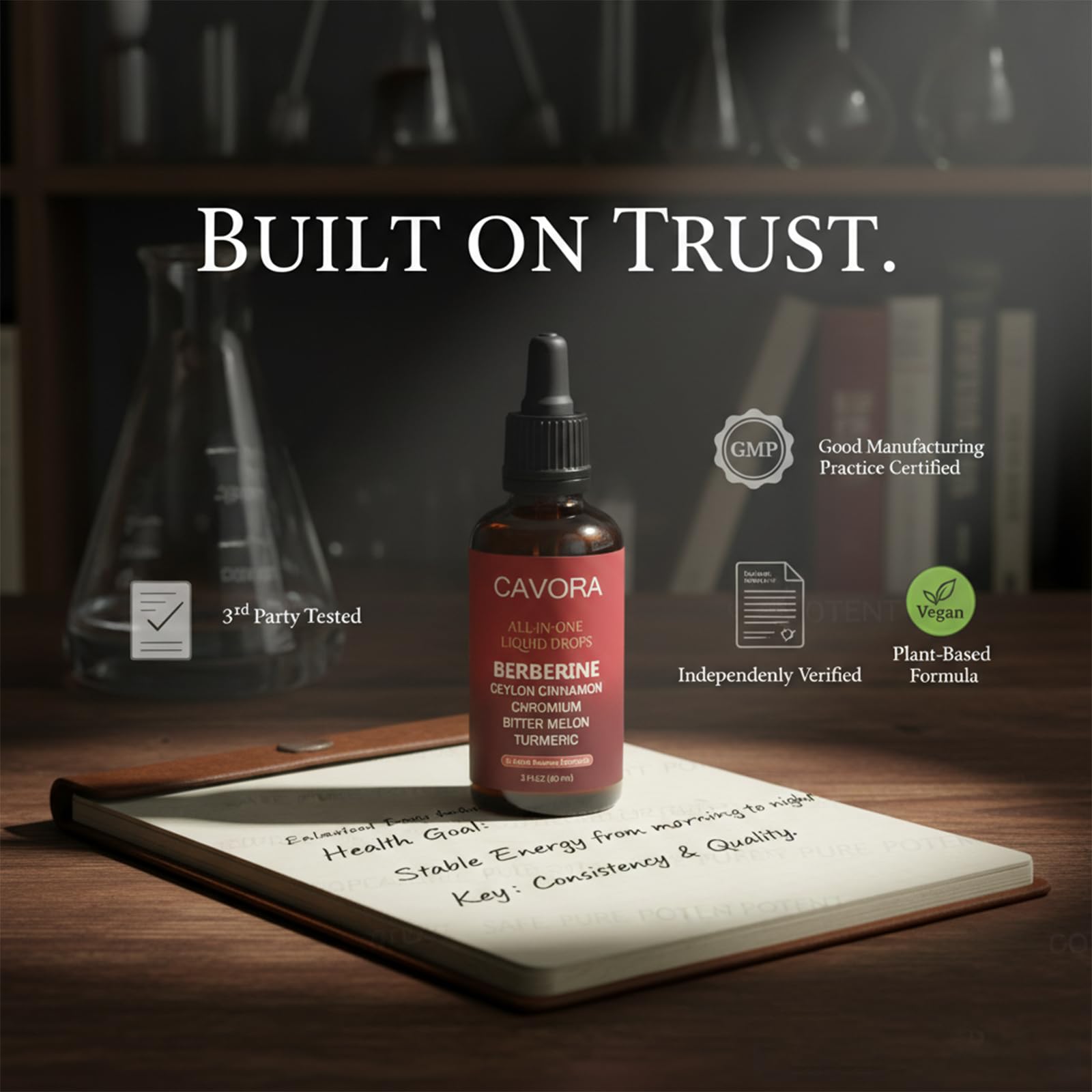 Relify Cavora daily-use setup with juice illustrating flexible supplementation routine.
