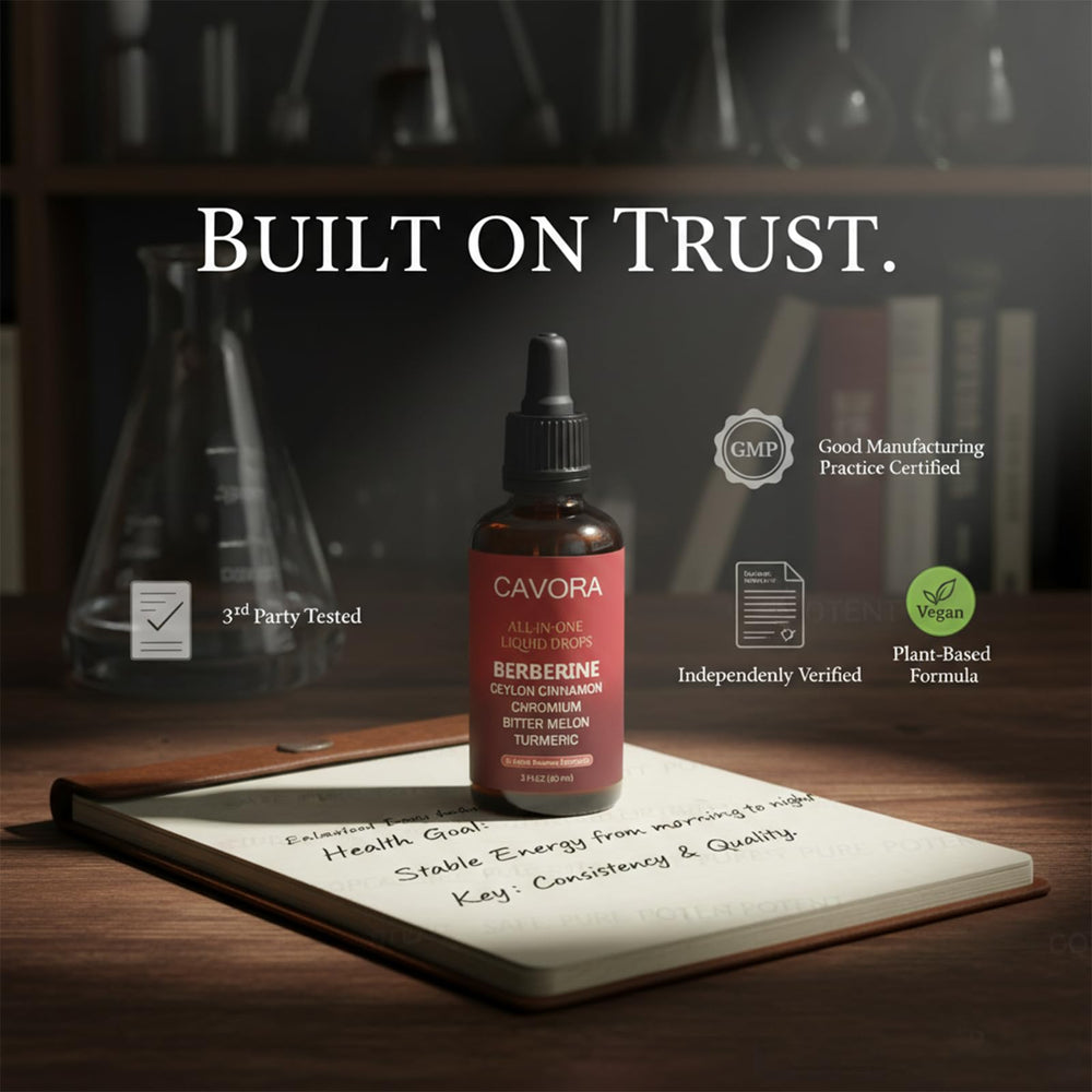 Relify Cavora daily-use setup with juice illustrating flexible supplementation routine.