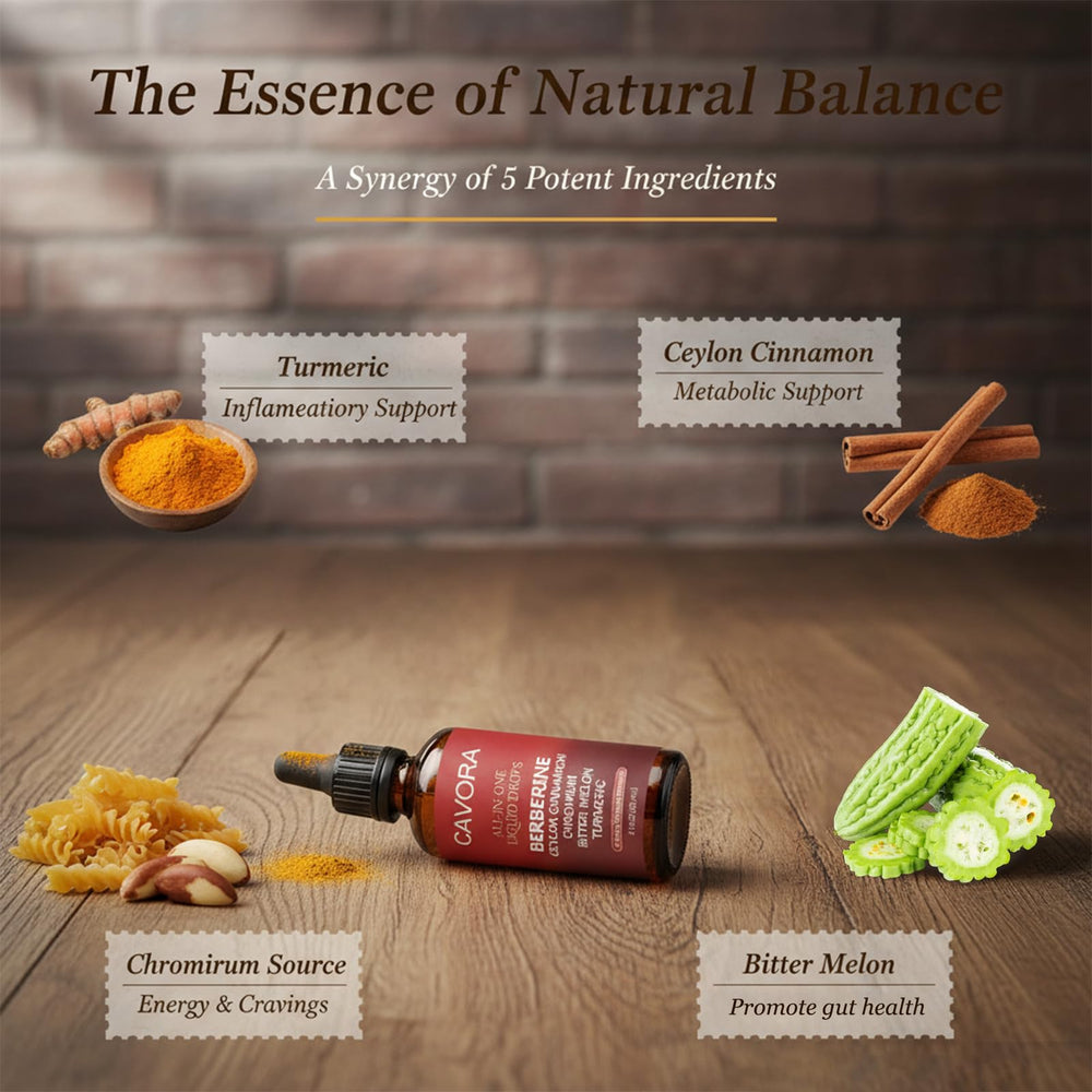 Relify Cavora ingredients blend featuring berberine and cinnamon for flavor and nutrition.