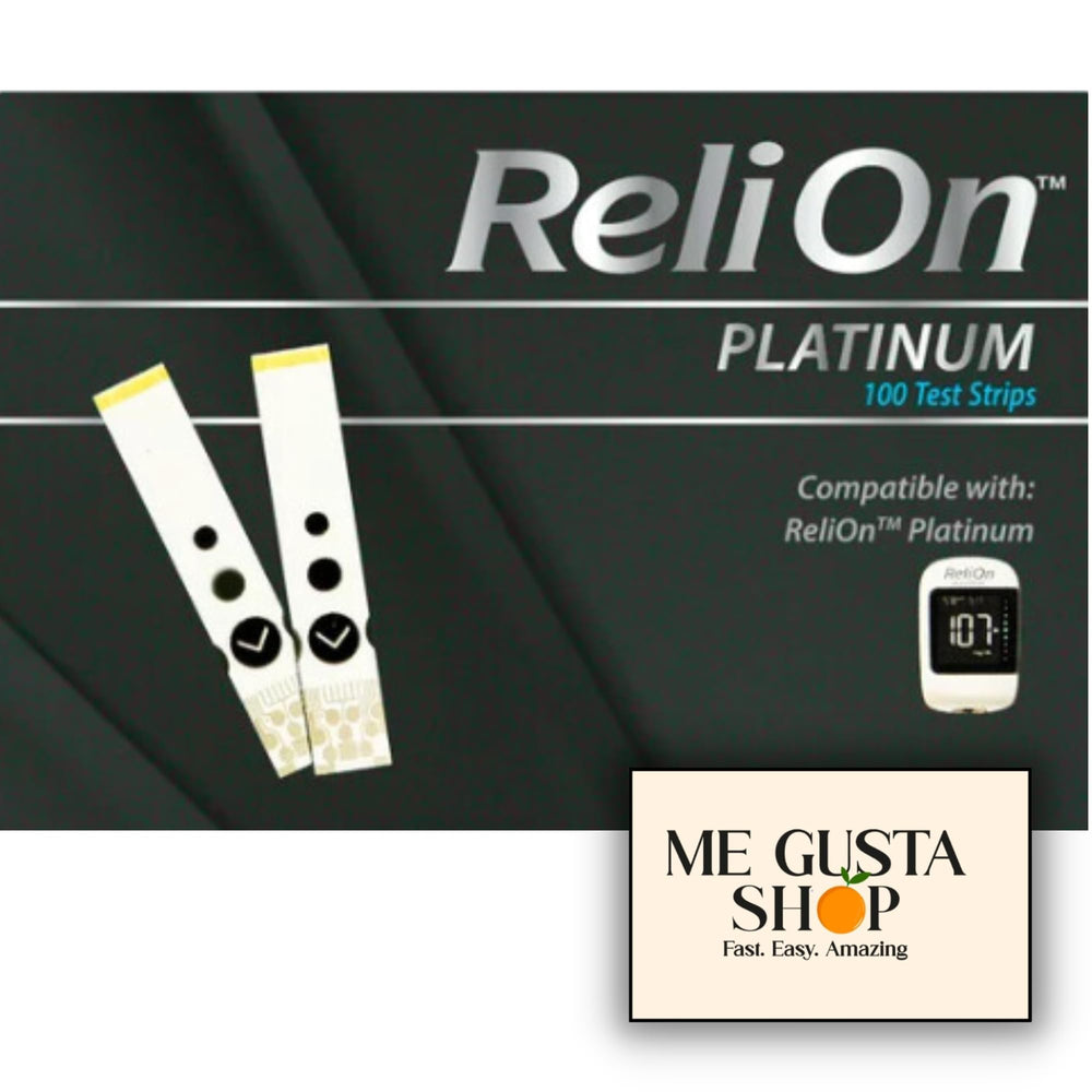 ReliOn Platinum test strips 100-count box ready for daily testing.