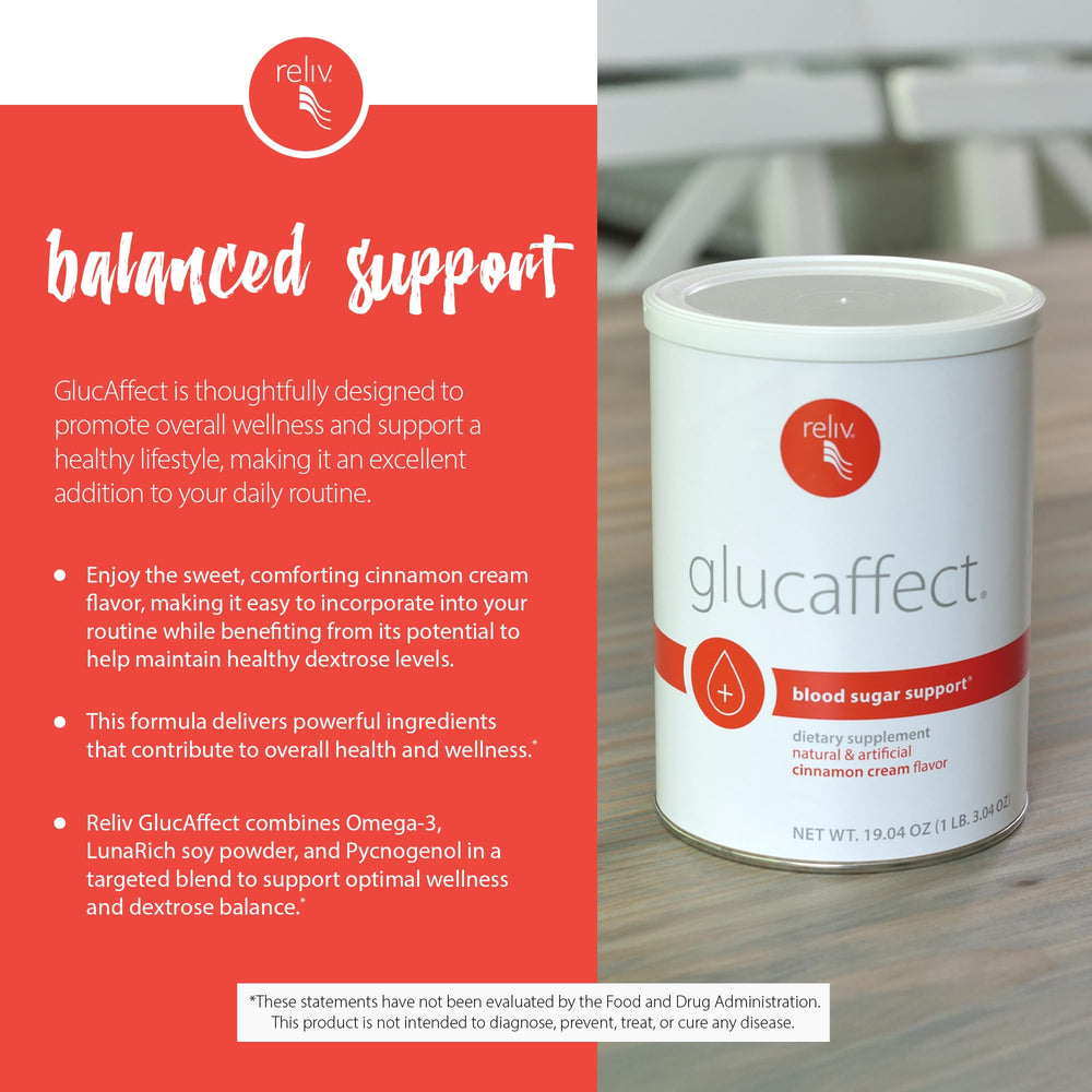 Reliv GlucAffect powder dissolved in water shows a smooth mix.