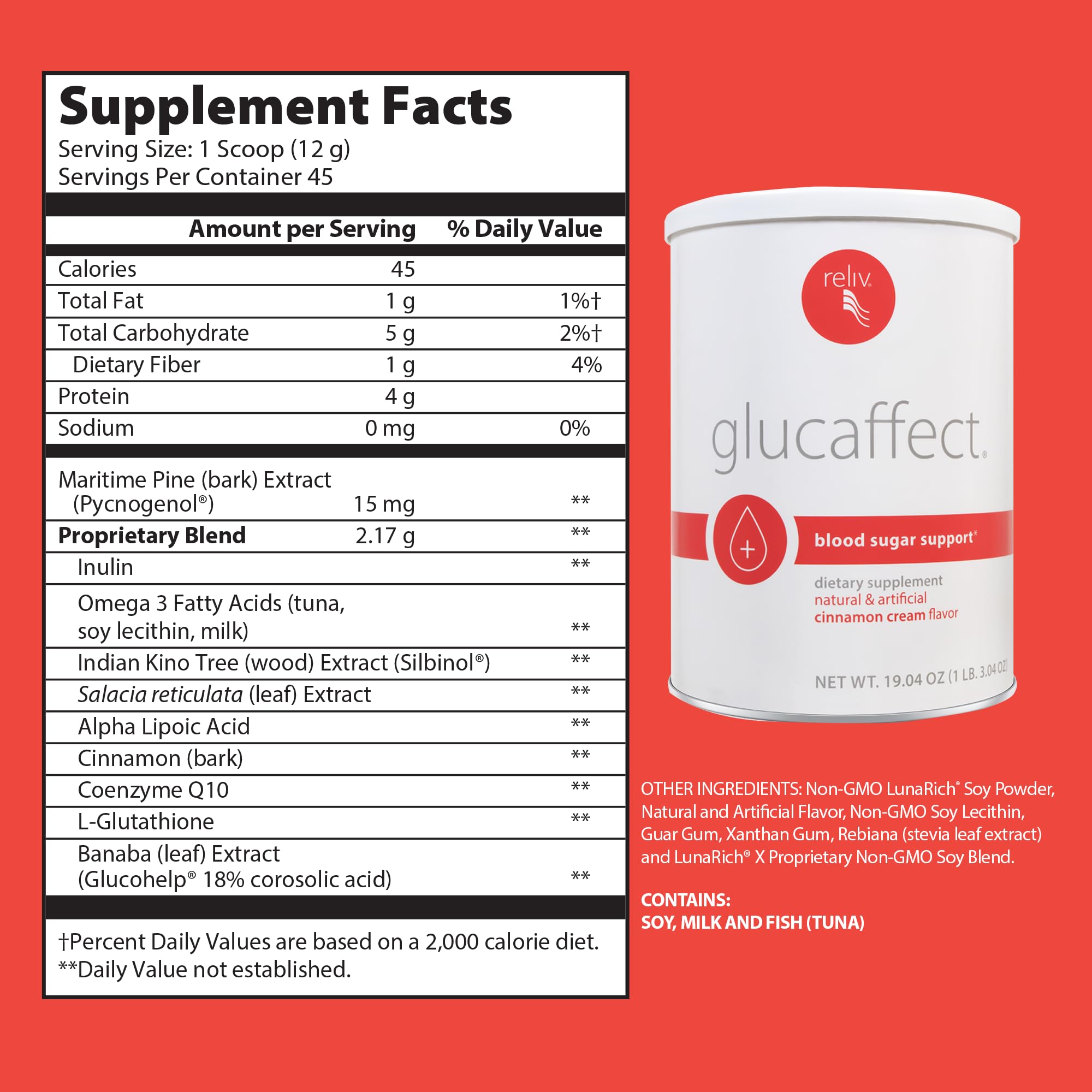 Reliv GlucAffect label closeup highlighting LunaRich blend and Omega-3.