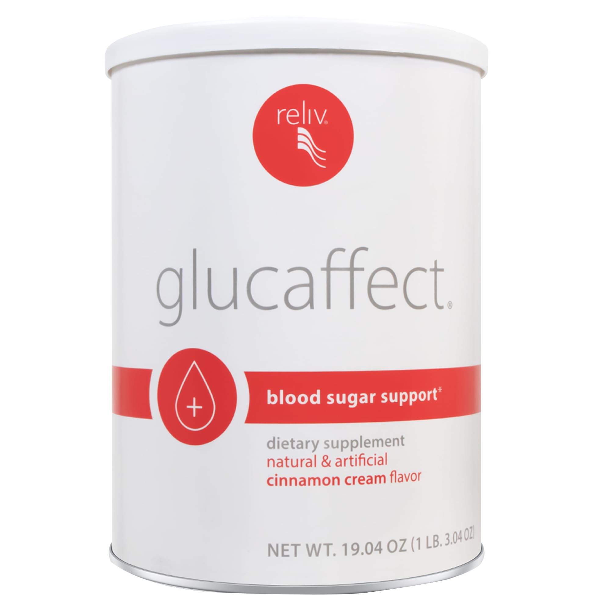 Reliv GlucAffect powder tub front, Cinnamon Cream flavor for daily wellness.