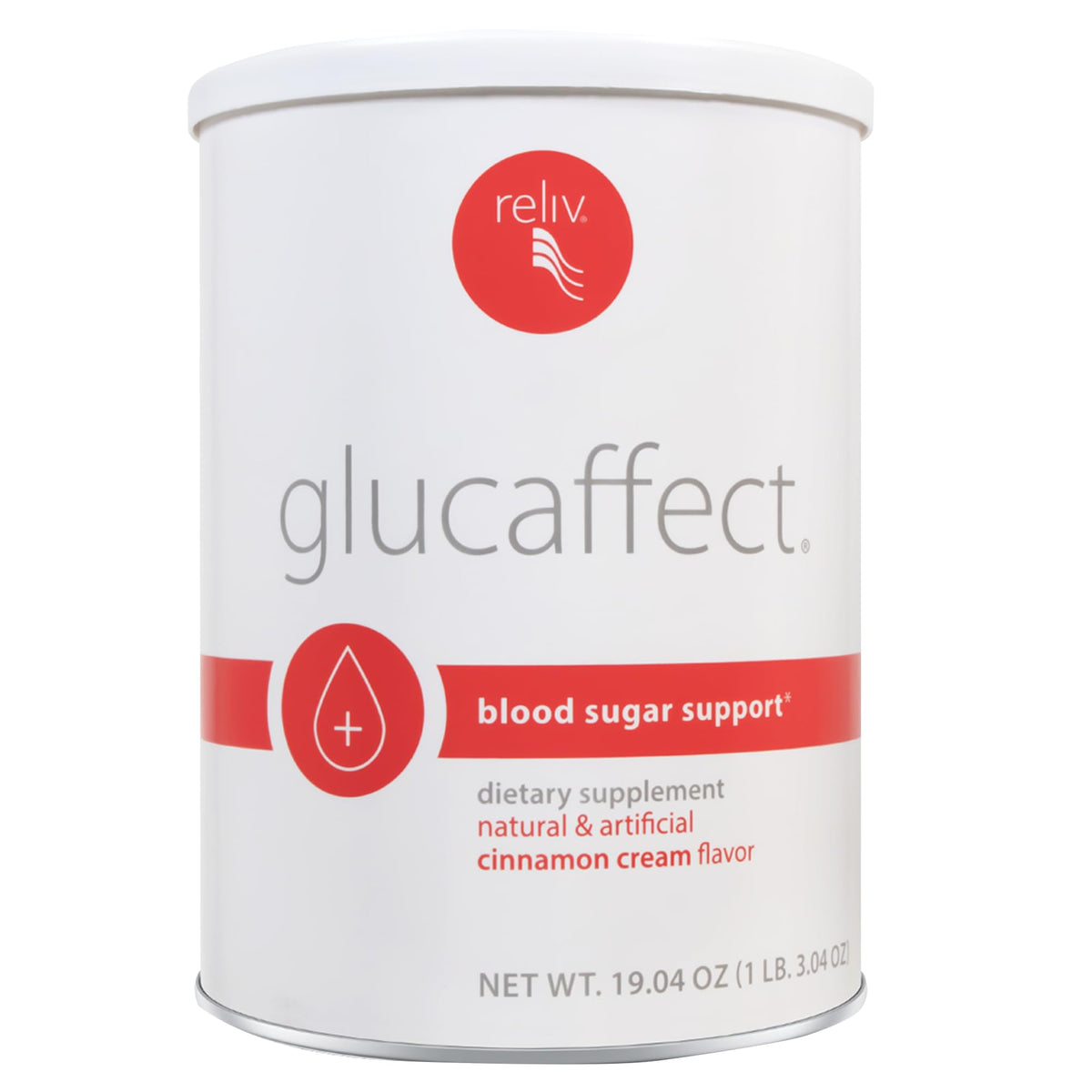 Reliv GlucAffect powder tub front, Cinnamon Cream flavor for daily wellness.
