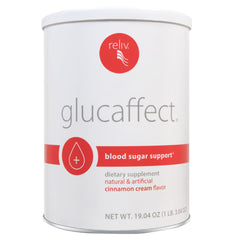Reliv GlucAffect powder tub front, Cinnamon Cream flavor for daily wellness.