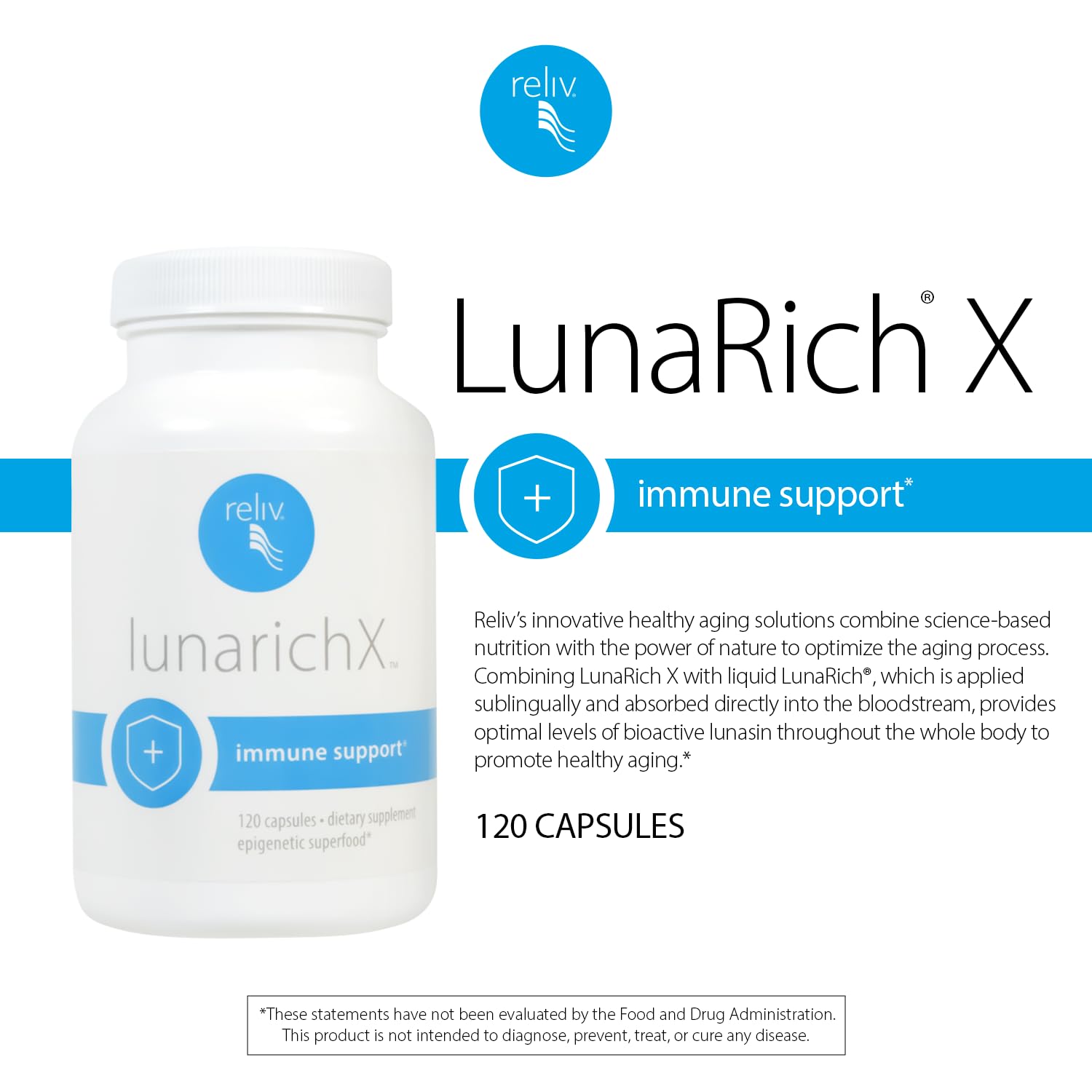 Reliv LunaRich X bottle side view emphasizes non-GMO soy-based Lunasin benefits.