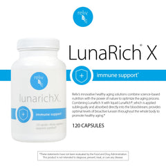 Reliv LunaRich X bottle side view emphasizes non-GMO soy-based Lunasin benefits.