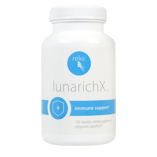 Reliv LunaRich X capsules bottle highlights Lunasin blend for healthy aging support.