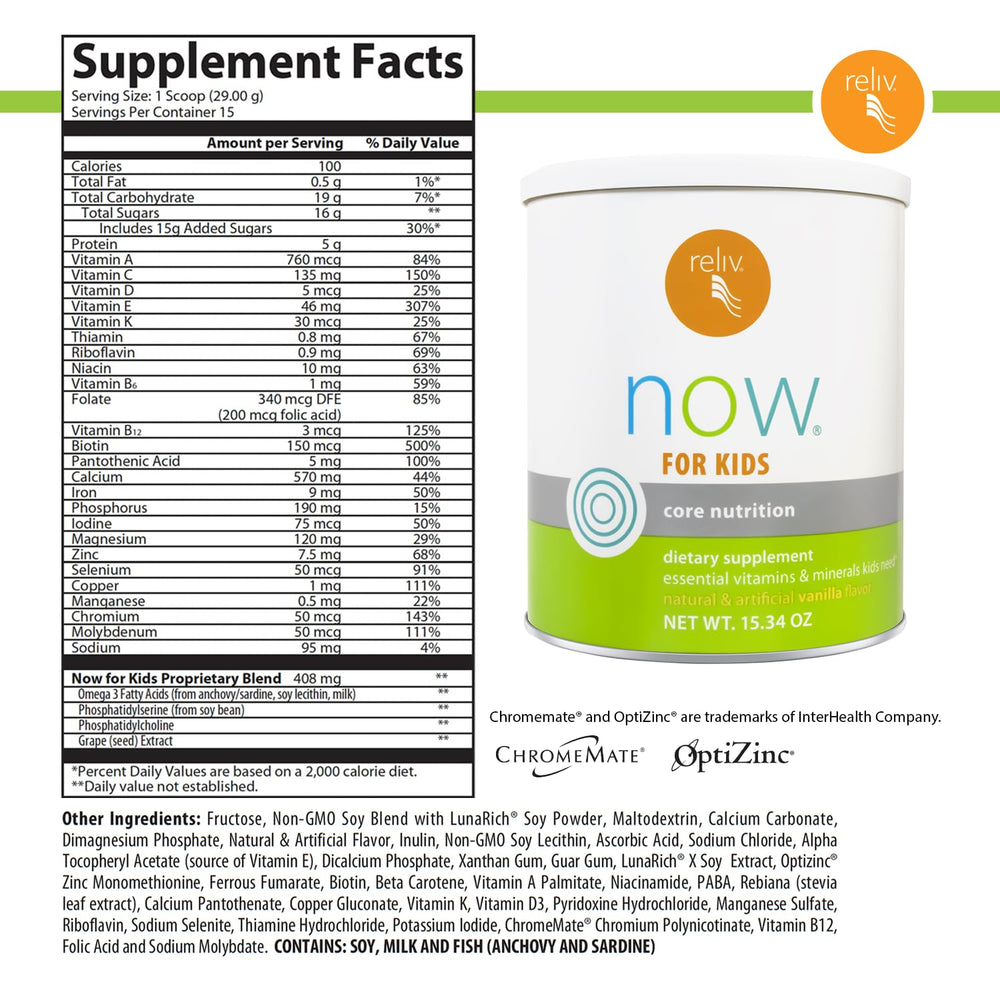 Reliv Now for Kids Vanilla scoop and mix demonstrates quick, kid-friendly nutrition