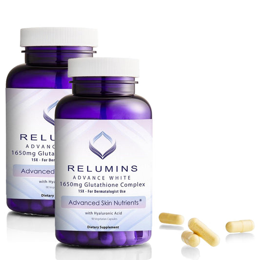Relumins 1650mg Glutathione bottle label highlighting premium antioxidant support.