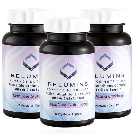 Relumins Advance White Glutathione Complex bottle front showing label for daily antioxidant support.