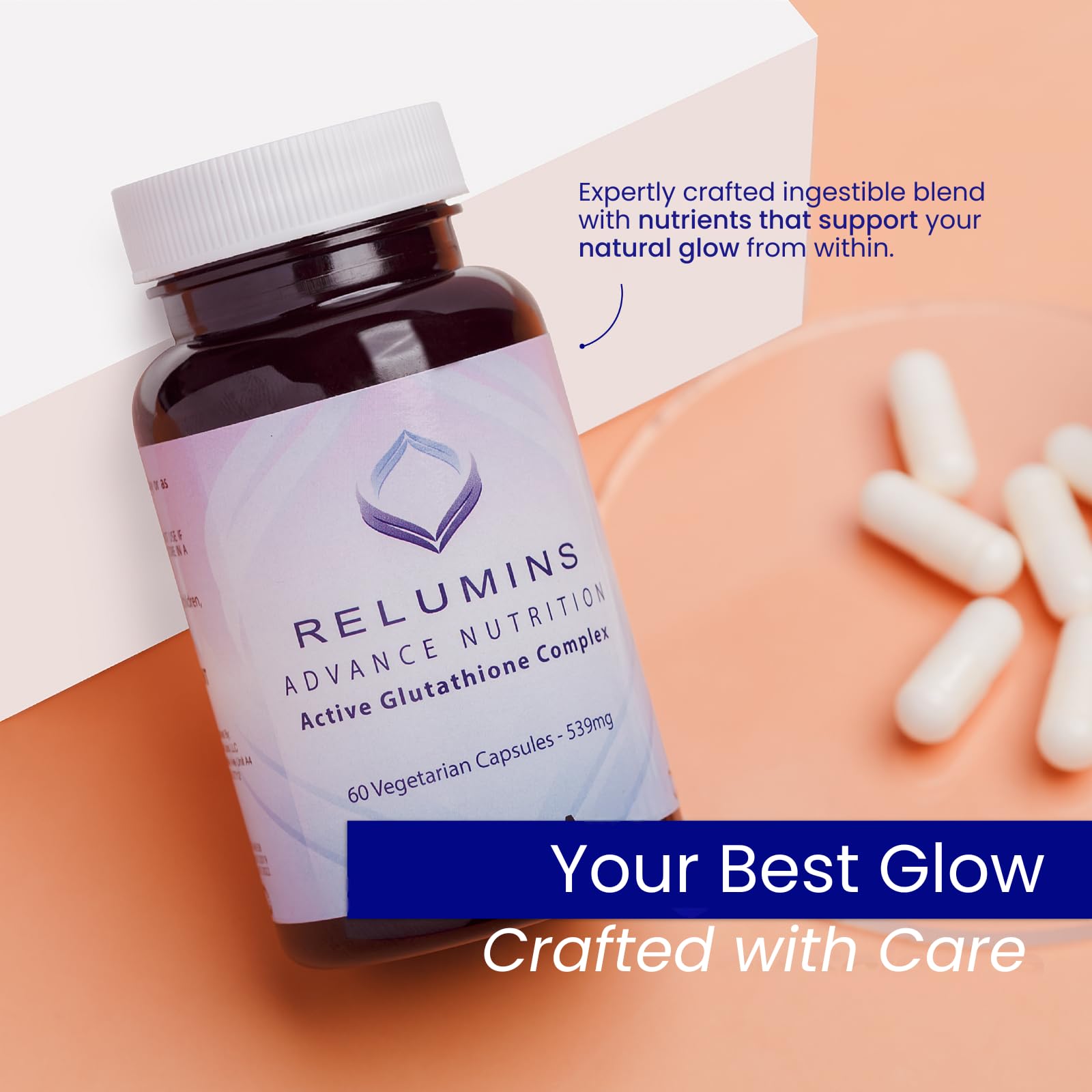 Capsules close-up of Relumins Advance White Glutathione Complex showing vegetarian formula.