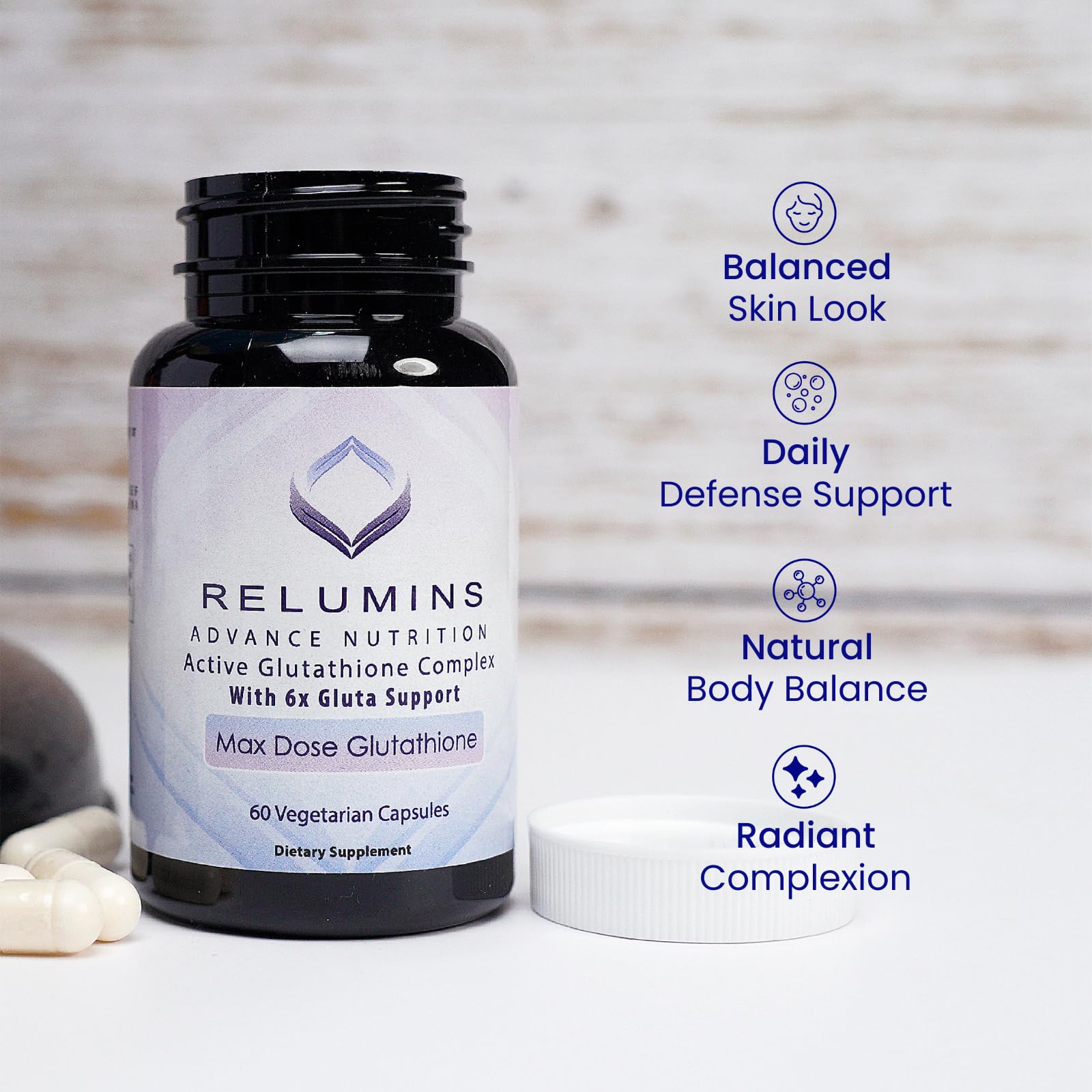 Daily routine visual with Relumins bottle promoting easy integration into habits.